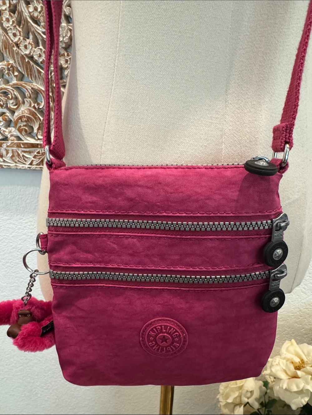 Kipling Small Hot Pink Nylon Crossbody Bag, Adjustable Strap, w/ Monkey